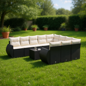 Cream White And Black <b>Rattan</b> Garden <b>Sofa</b> Set With Cushions Outdoor Furniture 10 Plus Seating Capacity Contemporary Design - Product Image 2