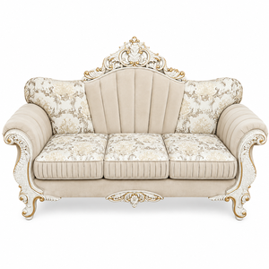 Sofá de 3 Plazas Tapizado en Crema de Lujo con Estructura de Madera Tallada en Blanco y Dorado y Diseño Floral en Tela - Product Image 4