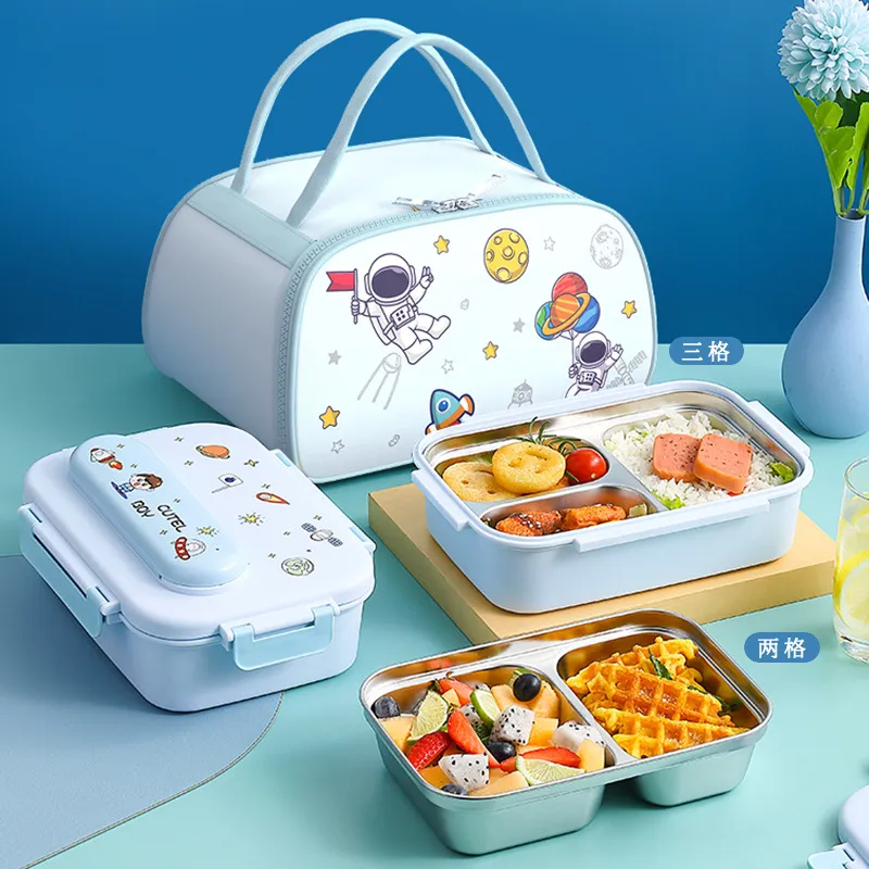 Cool boy Stainless steel insulated lunchbox student cute kids grid lunch box portable lunch plate bento box wholesale
