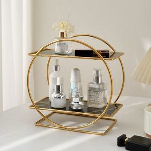 Double Layer Round Metal Storage Rack For Bathroom Cosmetics And Toiletries Freestanding With <b>Mirror</b> Tray - Product Image 1