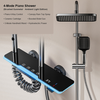 Ensemble de douche mural moderne en aluminium brossé avec pommeau de douche rectangulaire à effet pluie, éclairage d'ambiance et triple commande avec jets de massage en céramique
