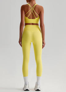 2 Piece Yoga Set Crisscross Back <b>Crop</b> <b>Top</b> High Waist Full Length Leggings Seamless Solid Color Spandex Polyester - Product Image 3