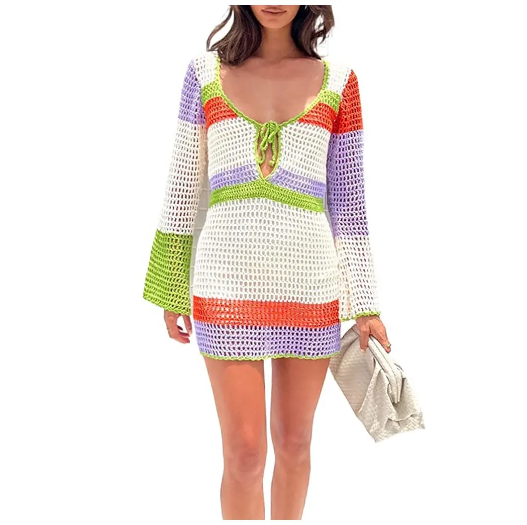 women Knitted Cutout Bodycon Dresses Long Sleeve Crochet Dresses Deep V Neck Backless Mini Rib Knit Dress