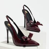 Escarpins de luxe bordeaux en PU à bride arrière avec grand nœud sur le devant, rehaussant la silhouette, pour cocktails, bals de promo, soirées, invités de mariage et tenues de cérémonie