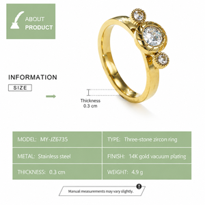 Three Stone Zircon <b>Ring</b> Stainless Steel 14K <b>Gold</b> Vacuum Plated Band with Round Center and Beaded Side <b>Settings</b> - Product Image 3