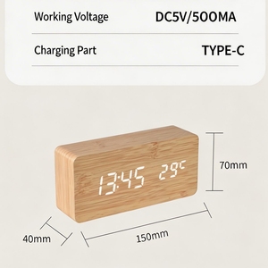Horloge de table numérique en bois avec affichage LED, surveillance de la température et de l'humidité, commande vocale, alarme, calendriers/date, fonctionne sur piles - Product Image 6