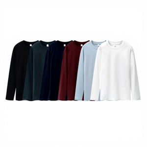 T-shirt à manches longues col rond bleu marine pour homme, coupe classique, couleur unie, jersey tricoté décontracté, 100% coton, vêtements d'automne - Product Image 5