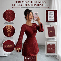 Fabricant de robes de soirée à sequins personnalisées, robe moulante pour femme, mini, col rond, manches longues évasées, robe de soirée à lacets dans le dos