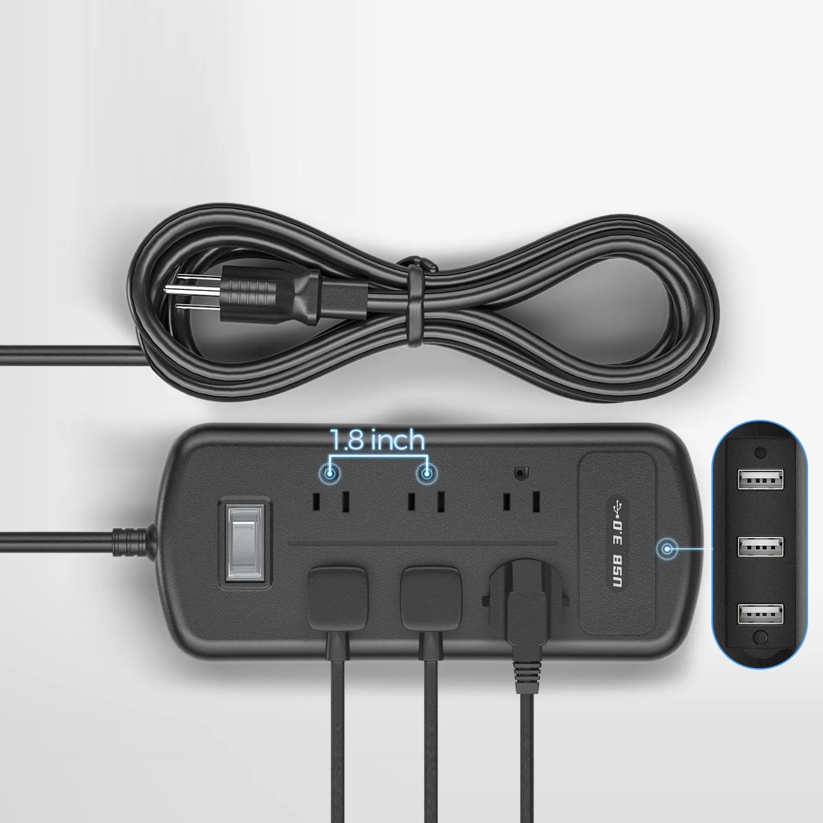 Surge Protector Power Strip Flat Plug with 6 Wide Pitch AC Outlets 3 USB Charging Ports for Dorm Home and Office Black