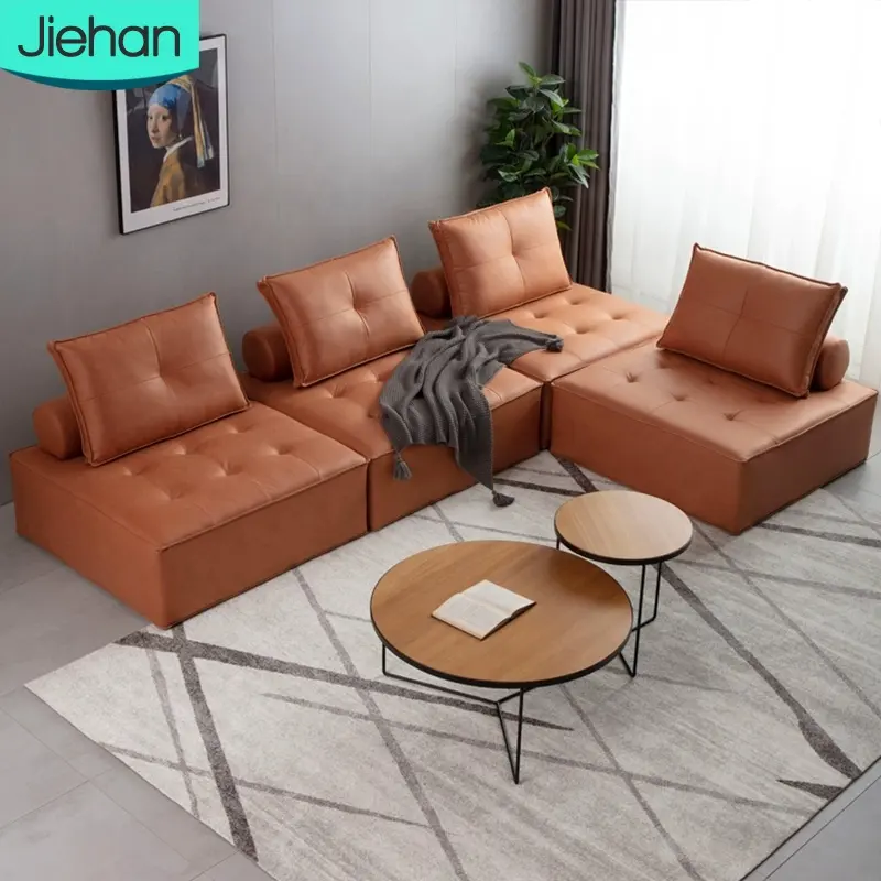 Estilo americano 4 plazas vintage habitación naranja modular transversal simple china sofás de cuero