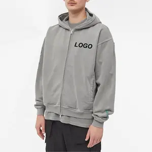 OEM Custom Blank Plain Drop Shoulder 100% Cotton French Terry Heavyweight Oversized Double 2 Way Fullzip Up Hoodie For Men