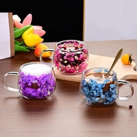 Cangkir Mug teh kopi susu Mini kaca borosilikat tinggi lapisan ganda bunga kering ditiup tangan pesta pernikahan dengan pegangan