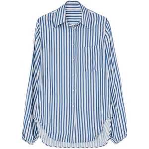 女性服スタンドカラーロングシャツトップスストライプ柄シャツ - Product Image 1