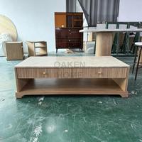 Table basse rectangulaire en chêne avec plateau en marbre moderne et 2 tiroirs pour salon OAKEN