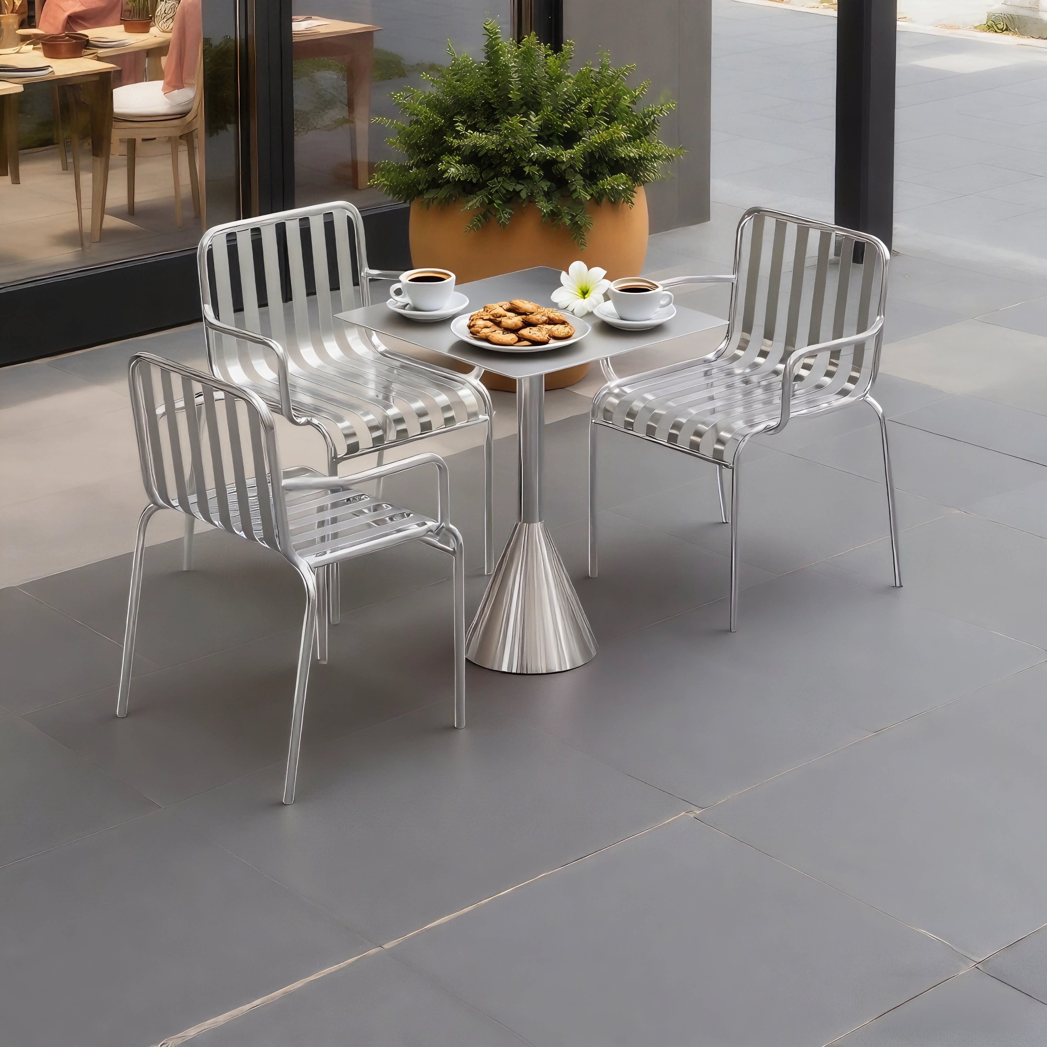 Una mesa, tres sillas - Mesa redonda de 70 cm de diámetro con sillones.