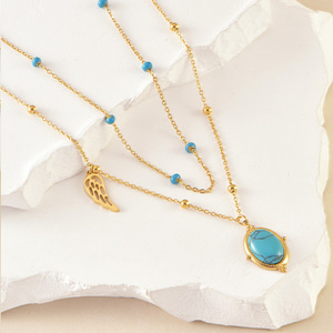 Collier de clavicule elliptique turquoise pour femmes en acier inoxydable plume plaqué or classique collier en couches Style pour cadeau - Product Image 4