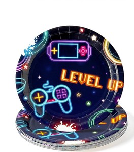 Assiette en papier ronde CMJN blanche et noire jetable de 9 pouces approuvée par la FDA 350gsm fournitures de fête sur le thème du jeu vidéo - Product Image 1