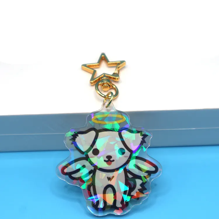 Custom Kawaii cute animal images single-sided printed holographic diamond flash acrylic keychain