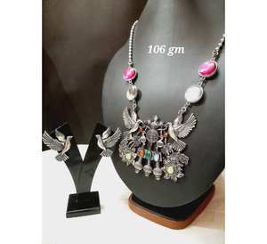 Conjunto de Collar chapado en plata para mujer, ropa de boda hindú, diseño de pájaro, piedra de cuarzo, collares con colgante de moda, conjunto multicolor - Product Image 2