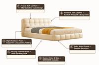 Lit double multifonctionnel Jis de style français, luxueux et moderne, en cuir, avec cadre en bois massif, couleur crème, type pouf