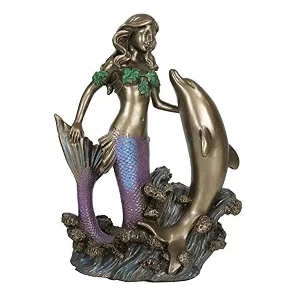 Venda quente criativo arte nova oceano sirene sereia estatueta estátua gargantilha golfinho resina artesanato escultura decoração náutica