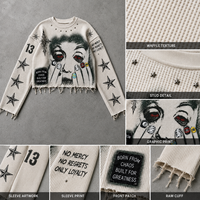 T-shirt à manches longues en maille gaufrée pour homme, imprimé graphique, ourlet brut, clous métalliques, coupe courte, style streetwear, personnalisable, vente en gros