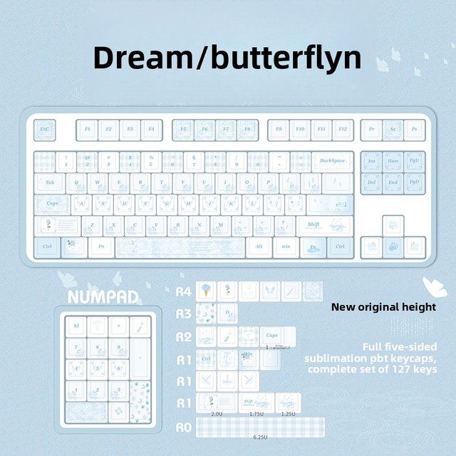 Custom Dream Butterfly Blue White 127 Keys PBT Five-Side Dye Sublimation Keycaps Set Cherry Profile for MX Mechanical Keyboard