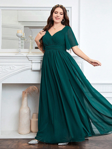 Robe de soirée formelle en mousseline plissée à col en V et manches courtes, dos nu, avec fente latérale, pour cocktail, fête ou mariage, pour femmes grandes tailles - Product Image 2
