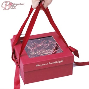 Custom Cardboard boxes with windows floral handle lid Wedding fold gift box with ribbon