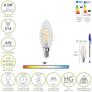 Lampadina LED a Filamento a Spirale. E14. 4,5 Watt. Equivalente a 35 Watt. 470 Lumen. Luce Neutra 4.000K. - Product Image 1