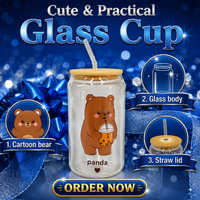 Gobelet en verre borosilicate avec couvercle en bambou, imprimé mignon de dessin animé ours brun et panda, réutilisable pour le bubble tea et le café glacé