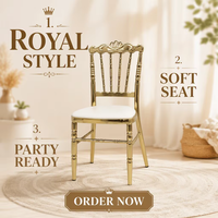 Chaise de banquet commerciale empilable en métal doré avec coussin blanc, chaise de salle à manger pour hôtel, vente en gros, pour événements de mariage