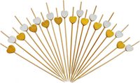Piques à cocktail en forme de cœur blanc et or (lot de 100), pics à apéritif en bambou de 4,7 pouces - Brochettes fantaisie mates et métalliques pour mariage