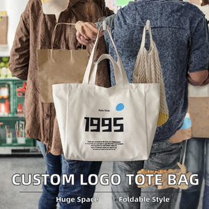 Custom Print Logo Letter Pattern Folding Style Extra Large Shopping White Canvas <b>Tote</b> <b>Bag</b> with Long Shoulder Strap Pocket <b>Zipper</b> - Product Image 2