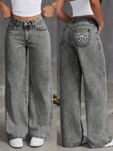 Jeans <span class=keywords><strong>de</strong></span> Lavado Oscuro para <span class=keywords><strong>Mujer</strong></span> con Bordado, Pantalones <span class=keywords><strong>de</strong></span> Cintura Alta, Pierna Recta y Ancha, Botón con Lazo, Holgados, Casuales, <span class=keywords><strong>de</strong></span> Color Sólido, Transpirables, <span class=keywords><strong>de</strong></span> Mezclilla - Product Image 4