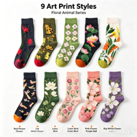 Chaussettes en coton unisexes à motifs artistiques, chaussettes mi-mollet jacquard à motifs floraux et animaux, chaussettes de mode, conception personnalisée OEM, chaussettes cadeaux en gros