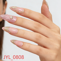 Faux Ongles Réutilisables en ABS, Longs, Amande, Rose Nude, avec Ligne Dorée et Perles, Vente en Gros, Logo Personnalisé OEM, Marque Privée