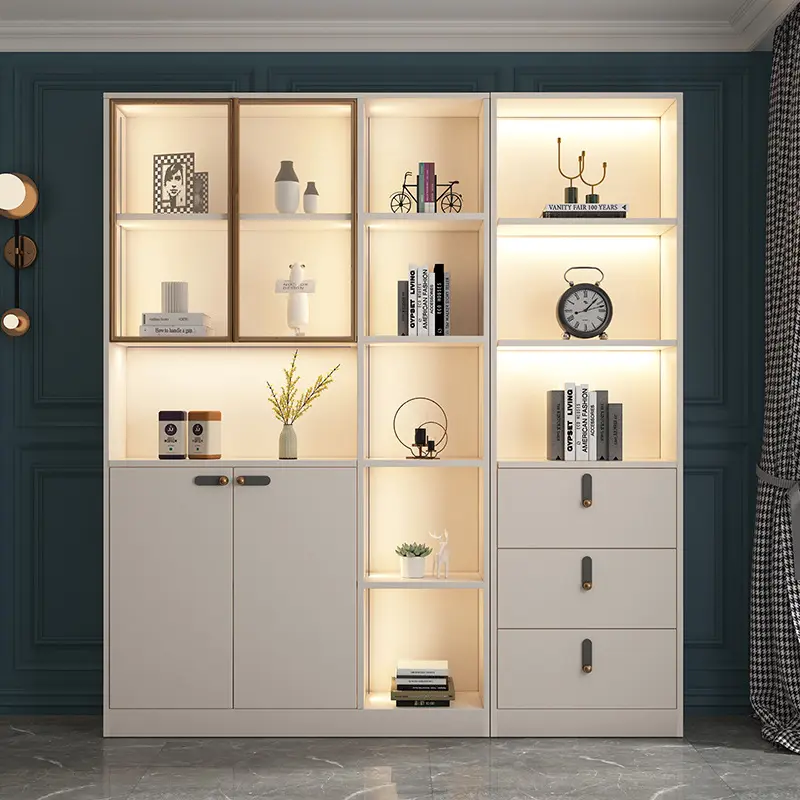 Bibliothèque de salon en MDF, armoire classique style européen, avec porte en verre, étagères transparentes avec tiroir