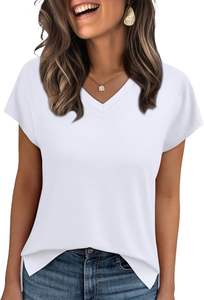 Camisetas básicas de verano para mujer, bonitas camisetas holgadas con cuello en V, trajes elegantes informales de moda con mangas cortas, tela de punto sólida - Product Image 3
