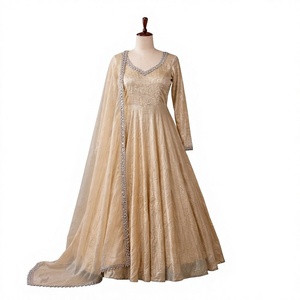 Salwar Kameez Beige Tradicional, Largo Regular, Vestido para Bodas y Fiestas, para Mujer, India, Pakistán, Corte Regular, Sin Arrugas, Secado Rápido - Product Image 1