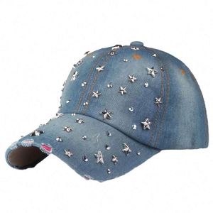 Casquette de baseball en denim Oxford à 6 panneaux personnalisable, vente en gros d'usine, tendance, sportive, avec rivets étoile à cinq branches et visière incurvée - Product Image 1