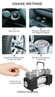 Portable Metal Vehicle Inflator Pump Dual Cylinder Tire Repair Tool Kit 12V Electric 180W 60L/Min Emergency Light LED Gauge CE