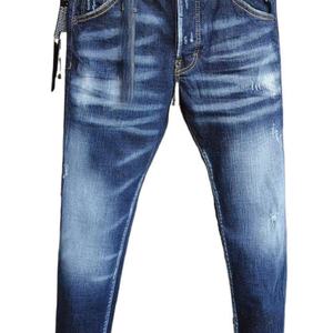 Jeans en denim stretch déchiré, coupe slim, délavé moyen, style Y2K hip-hop, décontracté, pour homme, tissu tissé - Product Image 2