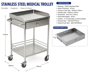 Chariot médical en acier inoxydable avec tiroir, chariot utilitaire mobile, chariot de rangement pour instruments d'hôpital et de clinique avec roulettes verrouillables - Product Image 3