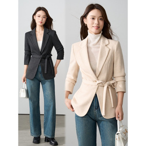 Women's Slim Fit Blazer Three Quarter Sleeve With Belt Casual Style For Spring Autumn 2025 Anti-Wrinkle Gray - Product Image 1