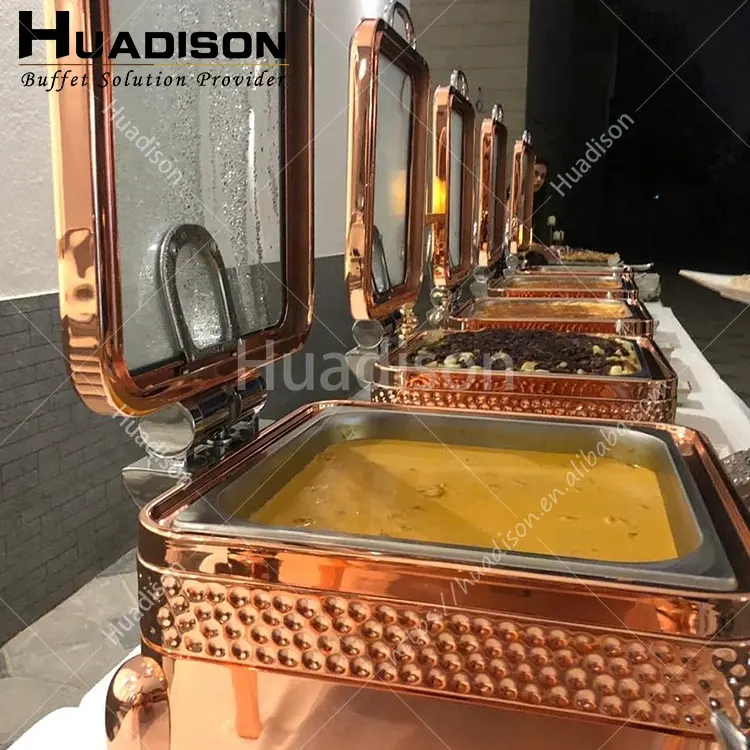 Huadison hotel supplies stainless steel electric chafing dish rose gold chafing dish buffet set food warmer
