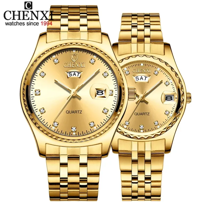 CHENXI8204時計ブランドの高級ステンレス鋼ゴールド時計男性用カレンダーウィーククォーツ時計防水カップル時計セット