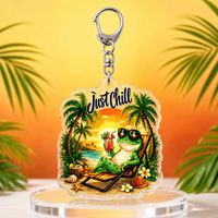 Porte-clés personnalisé en acrylique, motif grenouille tropicale 'Just Chill', cadeau de plage, breloque de sac personnalisée, accessoire de vacances transparent, vente en gros