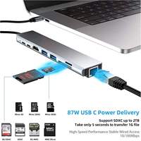 Hub USB-C 8 en 1, adaptateur multiport, sortie HDTV 4K, Ethernet Gigabit, 100W PD, lecteur de carte pour ordinateur portable, tablette, téléphone