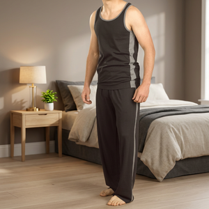 Men's Casual Style 100% Cotton <b>Pyjamas</b> Breathable Knitted <b>Vest</b> <b>Top</b> & Long Pant - Product Image 3